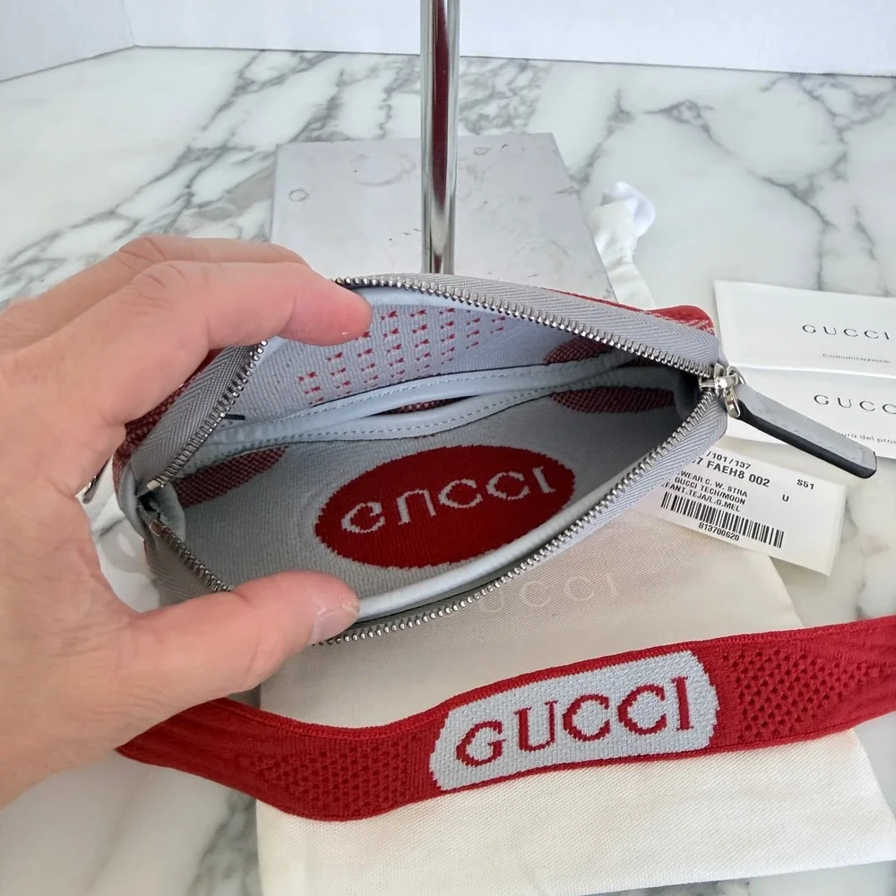 Gucci Red Technical Knit Glasses Case Zip Pouch with Strap 824707